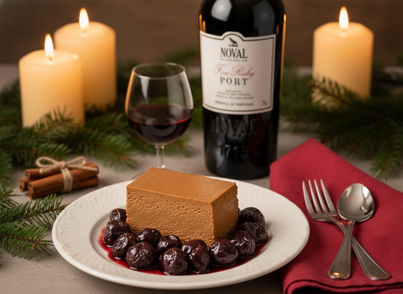 Wine with food: Creamy gingerbread parfait with warm mulled wine cherries, harmoniously combined with a full-bodied Ruby Port wine.