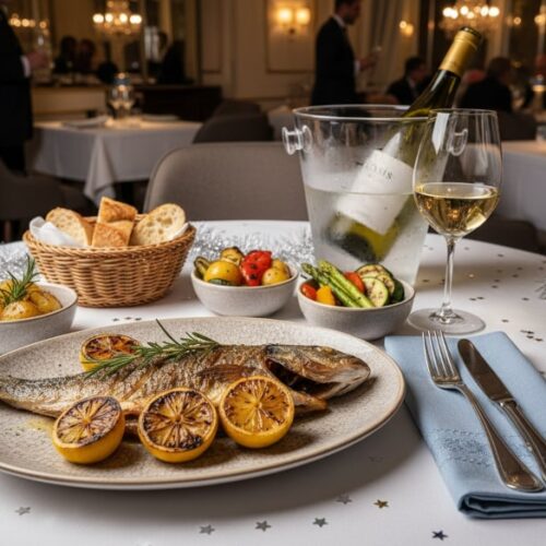 Wine with the meal Loup de Mer baked with herbs and lemon next to a bottle of cassis white wine.