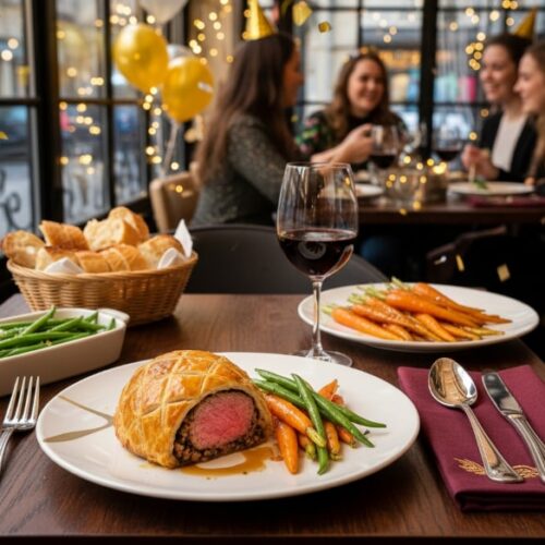 Wine with food: Mini beef Wellington sliced with a glass of red Pinot Noir Burgundy in a restaurant.