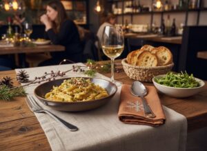 Wine with food Pasta with Jerusalem artichoke cream and roasted hazelnuts on a wintery bistro table, served with Chardonnay AOC Saint-Véran by the glass.