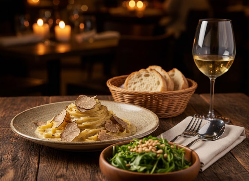 Wine with dinner Pasta with truffle cream and a glass of golden Meursault wine on a dark table.