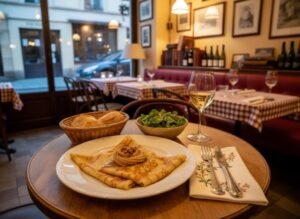 Wine with food Mushroom crêpes with nut butter, French bistro table, Pinot Blanc by the glass, vegetarian dish with mushrooms and crêpes.