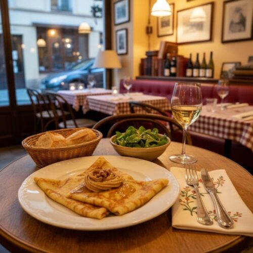 Wine with food Mushroom crêpes with nut butter, French bistro table, Pinot Blanc by the glass, vegetarian dish with mushrooms and crêpes.