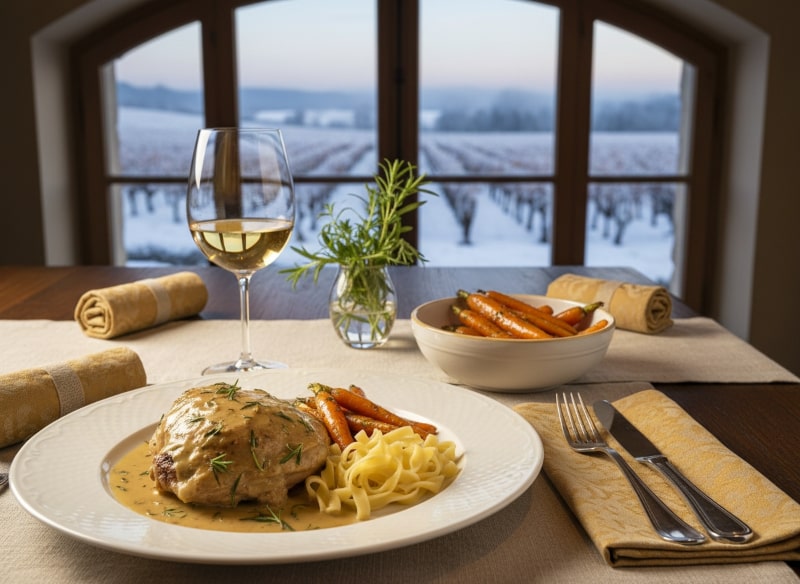Wine with the meal Poularde with tarragon cream and glazed carrots, served with potato garnish and Chardonnay Meursault on an elegantly laid table