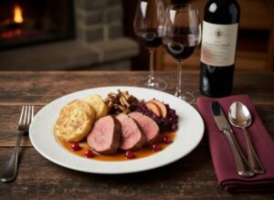 Wine with food: Tender saddle of venison with cranberries and napkin dumplings, perfectly accompanied by a Blaufränkisch from Mittelburgenland.