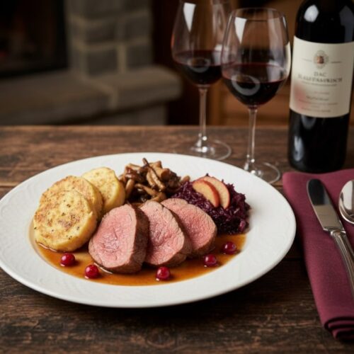 Wine with food: Tender saddle of venison with cranberries and napkin dumplings, perfectly accompanied by a Blaufränkisch from Mittelburgenland.