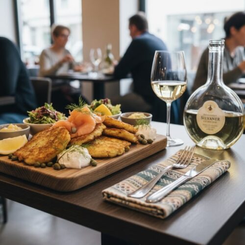 Wine with food Grated pancakes with smoked salmon, crème fraîche, dill, modern bistro table, Franconian Silvaner by the glass, classic German dish.