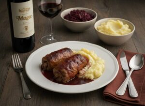 Wine with food: Hearty beef roulades with bacon and mustard, perfectly harmonized with a mature Tempranillo Rioja Reserva.