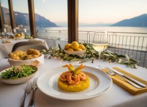 Wine with food: Saffron risotto with prawns, zucchini flowers and Lugana wine in a restaurant on Lake Garda.