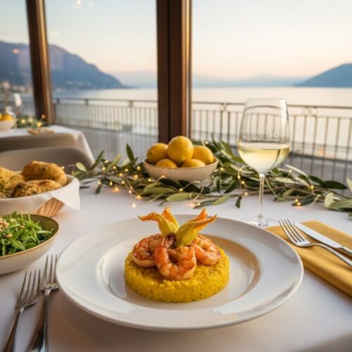 Wine with food: Saffron risotto with prawns, zucchini flowers and Lugana wine in a restaurant on Lake Garda.