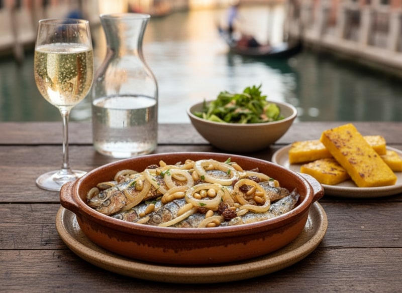 Wine with food - Venetian sardines in saor with onions and raisins in a mold next to a glass of Prosecco.
