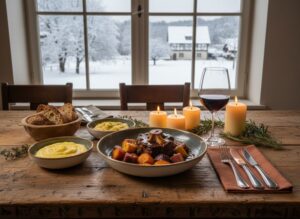 Wine with food Braised oxtail with root vegetables, polenta, mashed potatoes and Syrah from Hawke's Bay on a rustic restaurant table