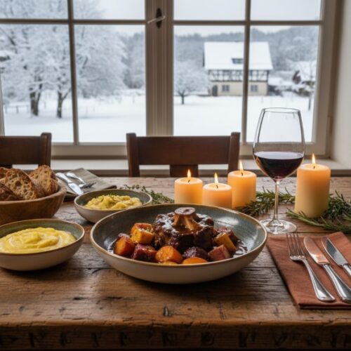 Wine with food Braised oxtail with root vegetables, polenta, mashed potatoes and Syrah from Hawke's Bay on a rustic restaurant table