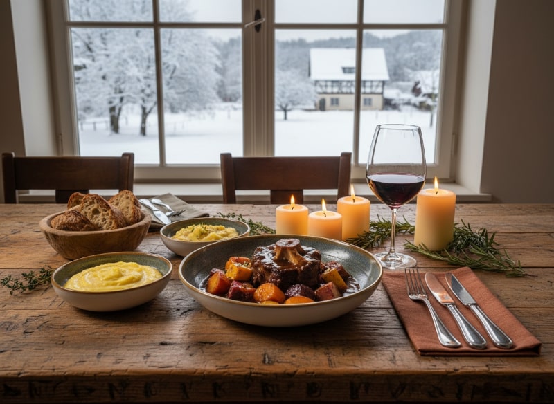 Wine with food Braised oxtail with root vegetables, polenta, mashed potatoes and Syrah from Hawke's Bay on a rustic restaurant table