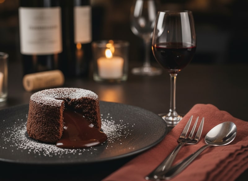 Wine with the meal Chocolate fondant with a liquid center and a glass of Banyuls on a table.