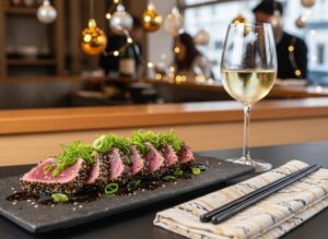 Wine with your meal Tuna tataki with sesame crust and a glass of cool Mosel Riesling in a sushi bar