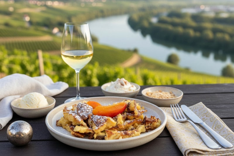 Wine with food: Fluffy curd cheese pancakes with fruity apricot roast and a glass of Muskateller wine from the Wachau.