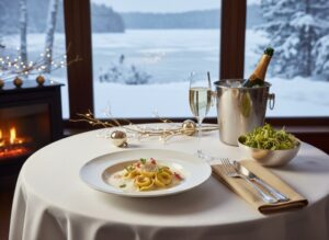 Wine with the meal: Lobster tortellini in champagne cream served with a glass of champagne.
