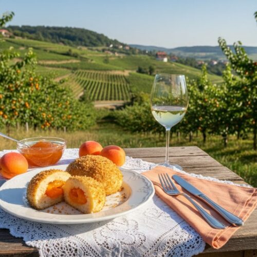 Wine with food: Wachau apricot dumplings with butter crumbs and a glass of Riesling wine in the summer garden.