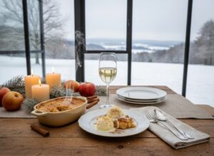 Wine with food Winter apple soufflé with cinnamon, served with cream and Moscato d'Asti on a winter table setting