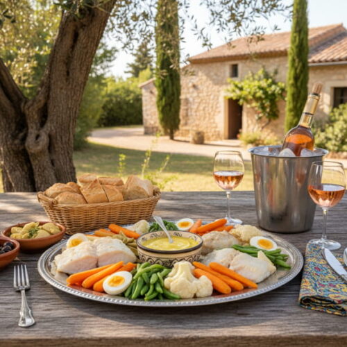 Wine with food: Aioli Provençal with cod, vegetables and a bottle of Bandol Rosé on a garden table in the south of France.