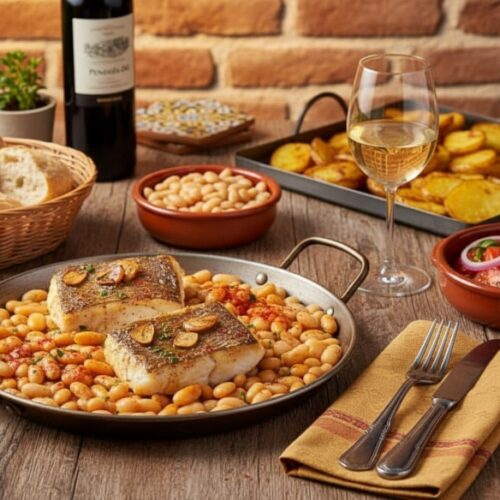 Wine with the meal: Bacalao a la Llauna stockfish with garlic and peppers in a pan served with white wine.
