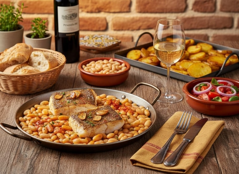 Wine with the meal: Bacalao a la Llauna stockfish with garlic and peppers in a pan served with white wine.