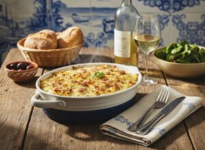 Wine with food: Portuguese bacalhau com natas casserole with a bottle of Douro white wine.