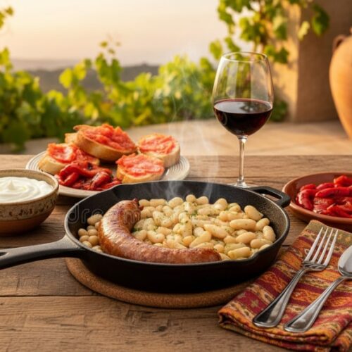 Wine with food - Catalan butifarra with white beans, aioli and pan con tomate alongside a glass of red wine on a terrace.