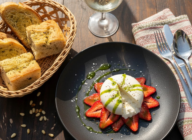 Wine with food: Burrata on marinated strawberries with basil oil and a glass of Vermentino.