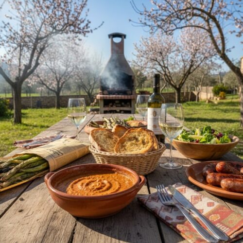 Wine with food: Grilled calçots with romesco sauce and a glass of Parellada white wine on a rustic Catalan table.