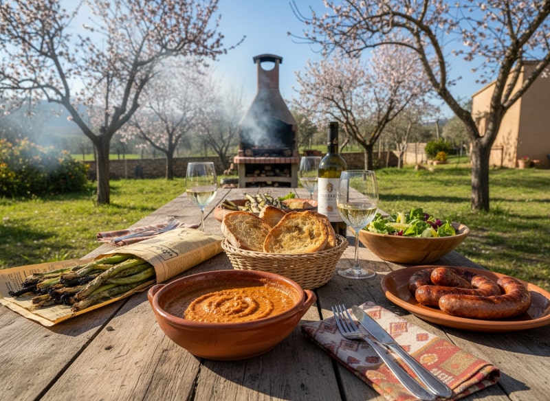 Wine with food: Grilled calçots with romesco sauce and a glass of Parellada white wine on a rustic Catalan table.