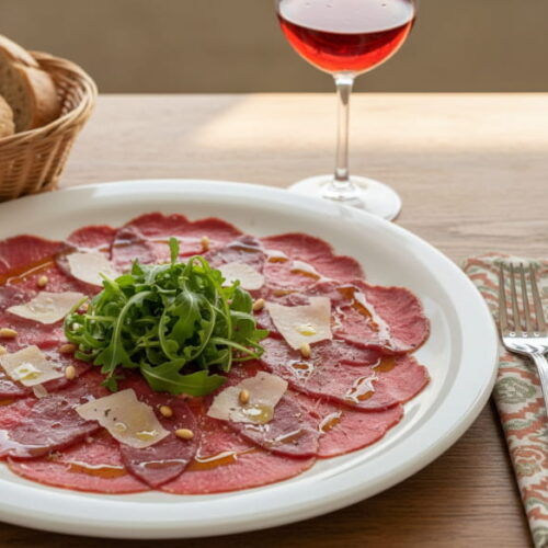 Wine with the meal: Beef carpaccio with parmesan, pine nuts and a glass of Bardolino.