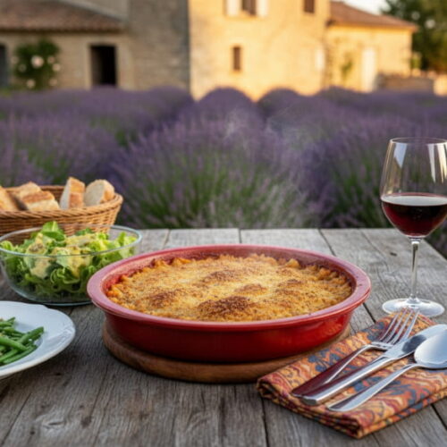 Wine with the meal: Cassoulet Avignon style served in a clay pot with a glass of Cairanne red wine from Provence.