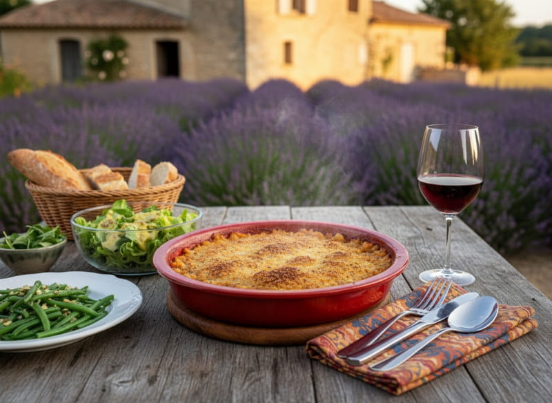 Wine with the meal: Cassoulet Avignon style served in a clay pot with a glass of Cairanne red wine from Provence.