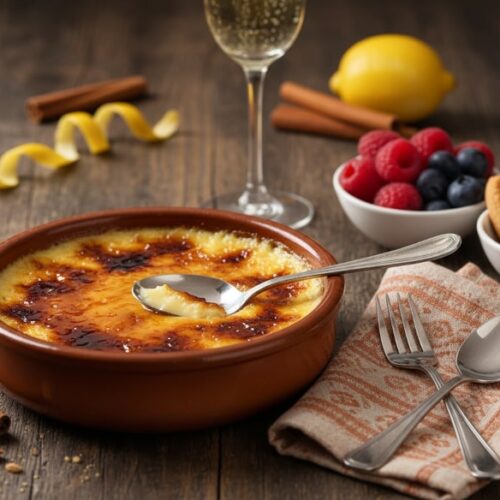 Wine with food: A classic Crema Catalana with a burnt sugar crust alongside a glass of Cava sparkling wine.
