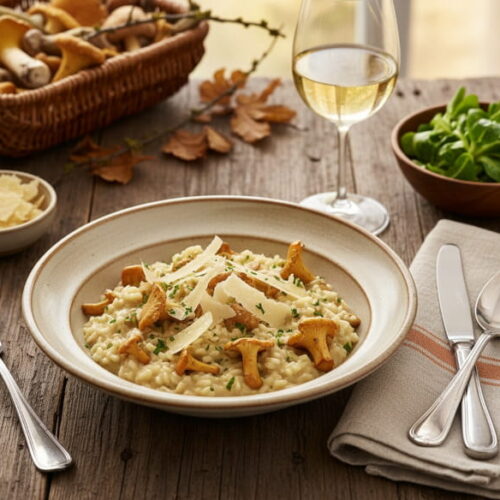 Wine with the meal: Creamy chanterelle risotto and a glass of Riesling Smaragd.