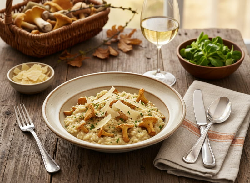 Wine with the meal: Creamy chanterelle risotto and a glass of Riesling Smaragd.
