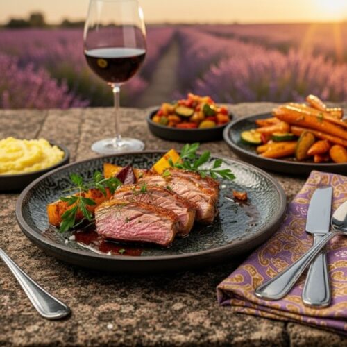 Wine with food: A pink roasted duck breast with a lavender-honey glaze and a glass of Châteauneuf-du-Pape red wine on a terrace.