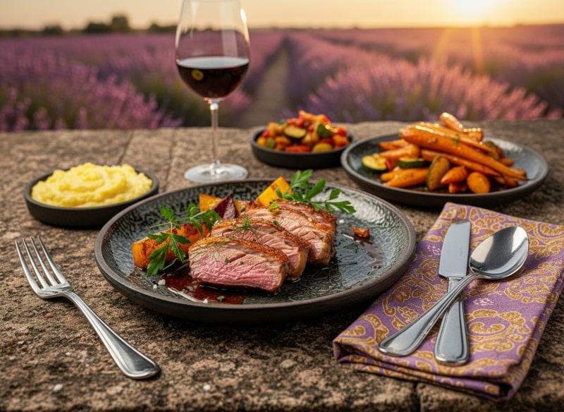 Wine with food: A pink roasted duck breast with a lavender-honey glaze and a glass of Châteauneuf-du-Pape red wine on a terrace.