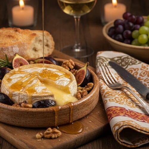 Wine with food: Baked camembert with figs, walnuts and honey alongside a glass of Gewürztraminer.