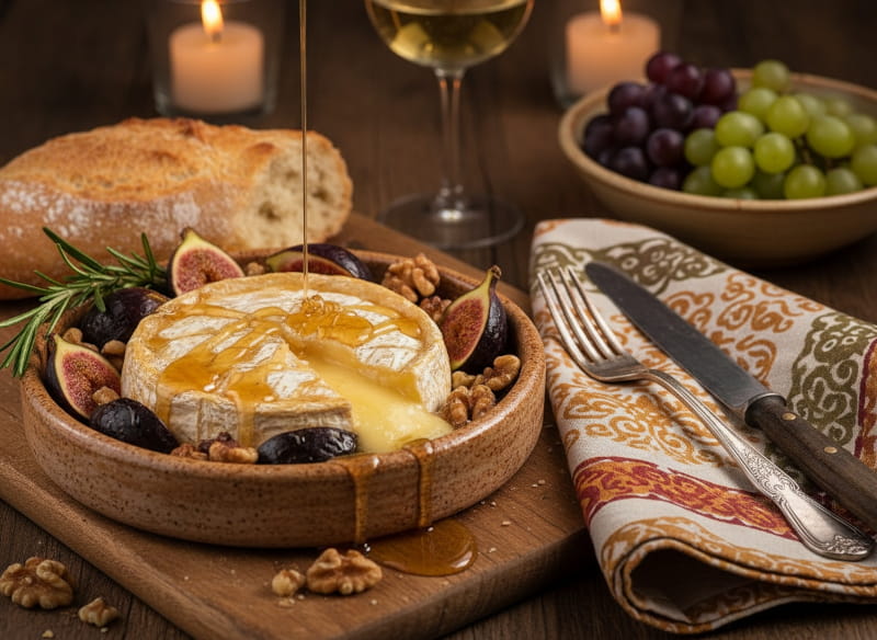 Wine with food: Baked camembert with figs, walnuts and honey alongside a glass of Gewürztraminer.