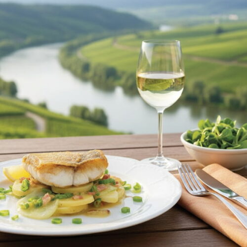 Wine with the meal: Fried Danube pike-perch fillets with potato salad and Riesling wine.