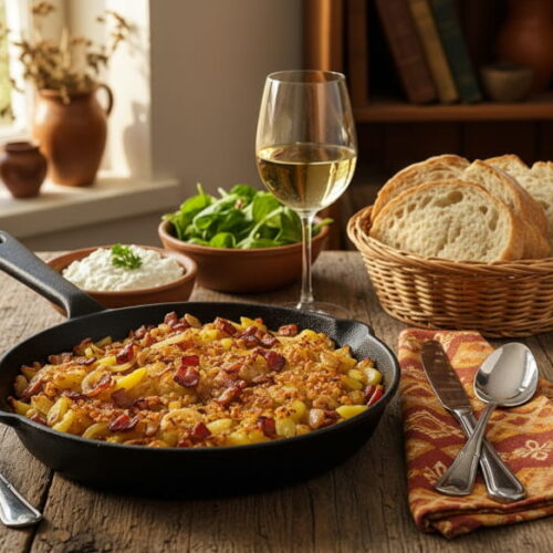 Wine with your meal: Crispy Pfälzer Gebreedelde and a glass of Müller-Thurgau.