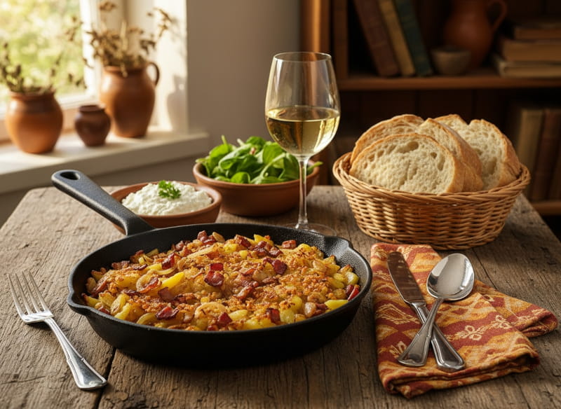 Wine with your meal: Crispy Pfälzer Gebreedelde and a glass of Müller-Thurgau.