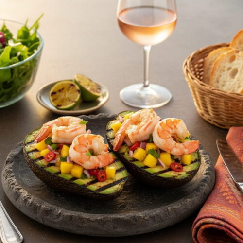 Wine with food: Grilled avocado with mango chili salsa, prawns and a glass of chilled Provence rosé.