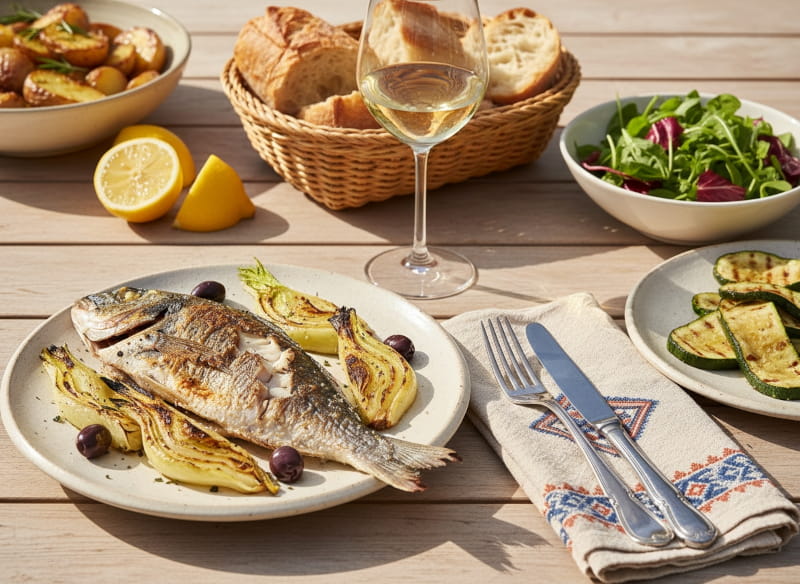 Wine with food: Grilled sea bream with fennel & olives served with a glass of white Lirac wine on a summer terrace.