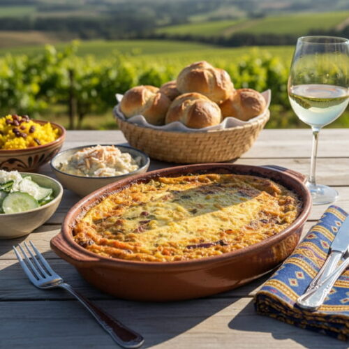 Wine with the meal: Vegetarian vegetable bobotie with lentil filling and a glass of Chenin Blanc Darling.