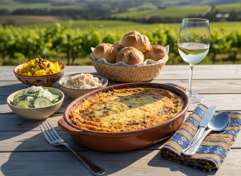 Wine with the meal: Vegetarian vegetable bobotie with lentil filling and a glass of Chenin Blanc Darling.
