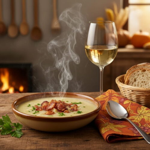 Wine with the meal: Palatinate Grumbeersupp with bacon and a glass of Riesling.